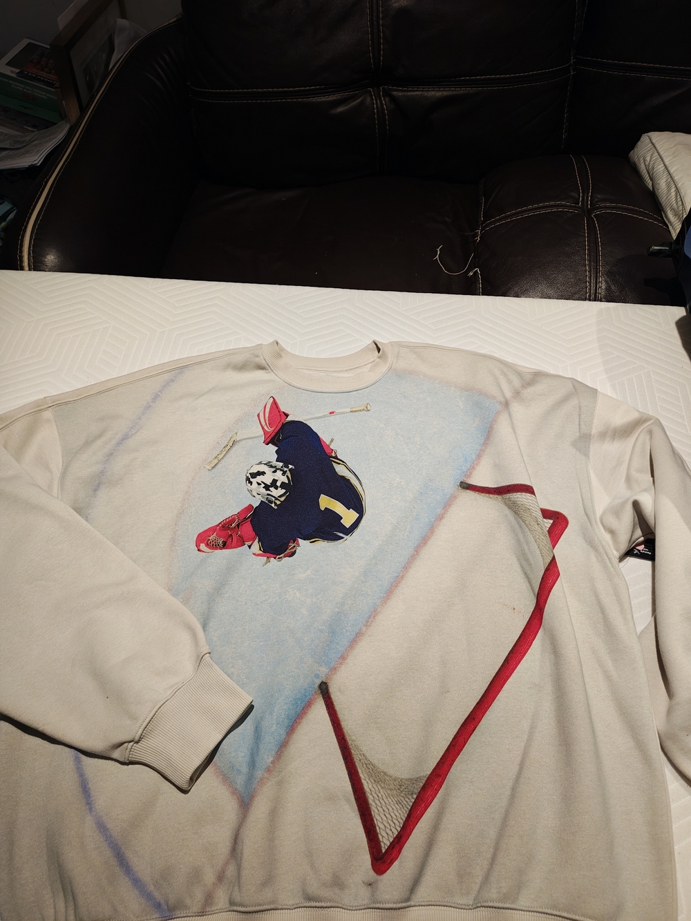 Men's Cream Graphic Ice Hockey Sweatshirt - Crewneck Sweater - Picture 12 of 12
